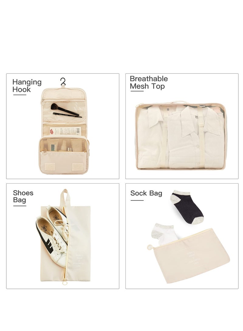 Travel Packing Cubes Set of 8 with Toiletry Bag and Shoe Bag, Made from Durable Waterproof Fabric for Organized Luggage - Beige Travel Accessories.