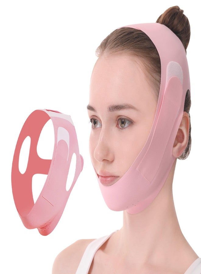 JANMISI Chinstrap for Sleeping, Ice Silk Face Lift Band for Double Chin Reduction & Jawline Contouring, V-Shape Facial Lifting Strap for Overnight Tightening (Pink) - Image 1