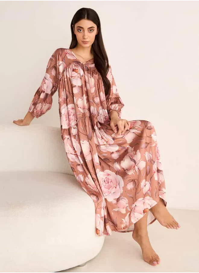 فاف Floral Print Night Dress with V-neck and 3/4 Sleeves