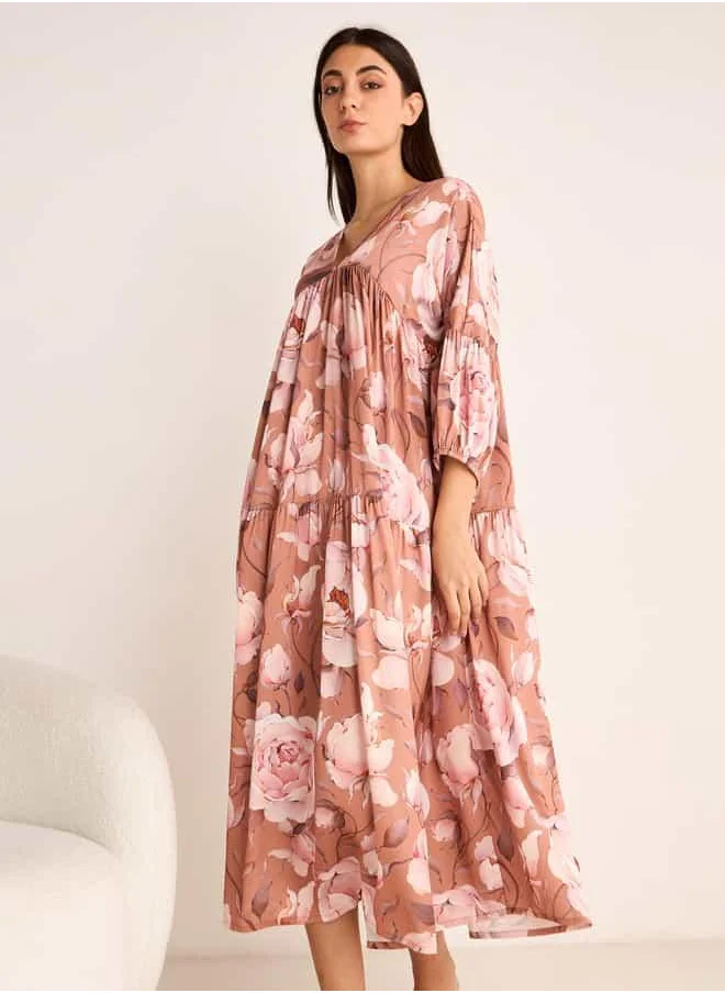 فاف Floral Print Night Dress with V-neck and 3/4 Sleeves