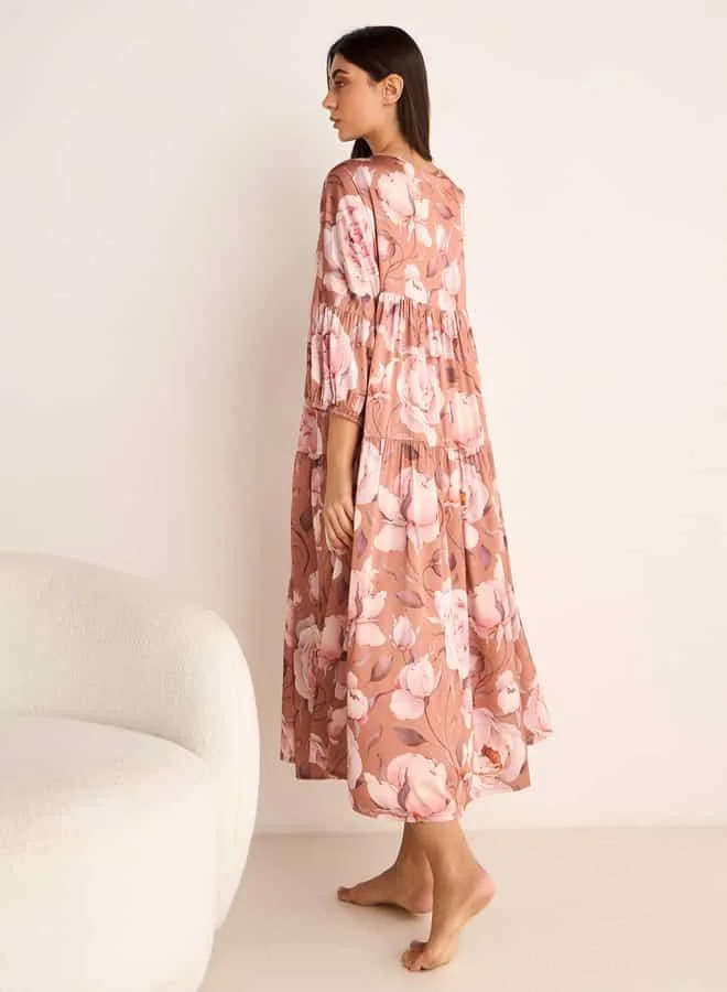 Splash FAV Floral Print Night Dress with V-neck and 3/4 Sleeves