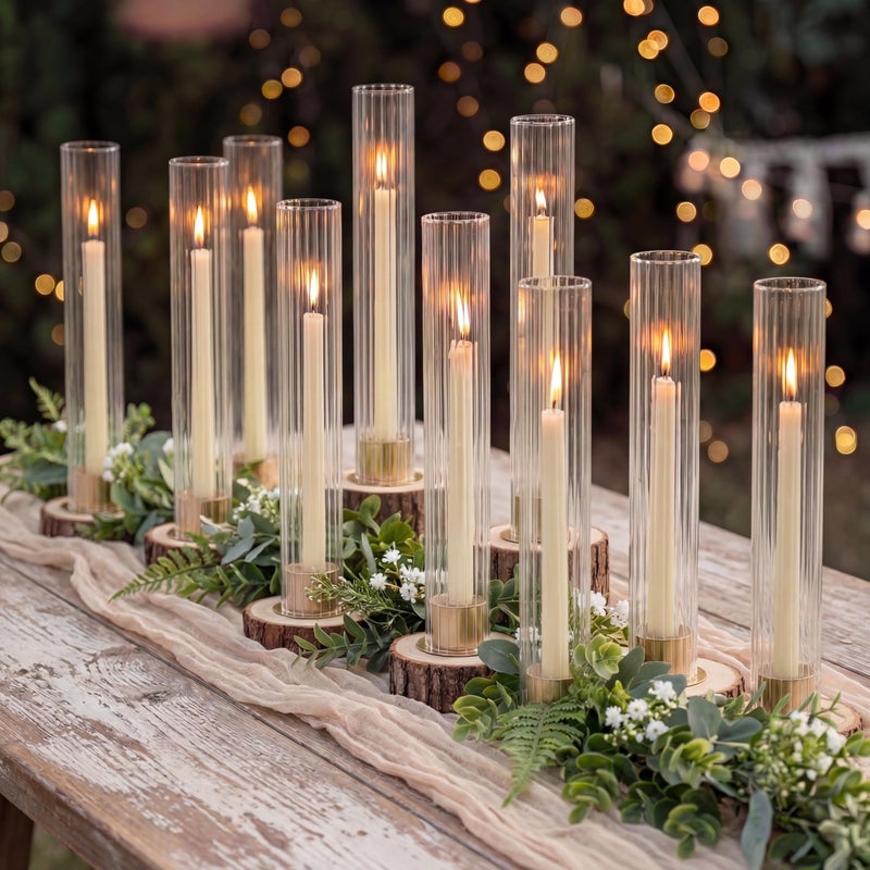 NUPTIO Hurricane Candle Holder for Centerpiece: Set of 10 Metal Taper Candle Holders with Fluted Glass Cylinders - Gold Candlestick Holders Bulk for Outdoor Party Dinner Wedding Table Decoration - Image 1