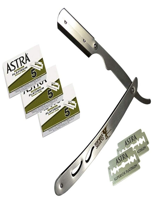 Classic Samurai CS-102 Stainless Steel Professional Barber Straight Edge Razor with 15 Astra Double Edge Razor Blades (Silver + 15 Astra Blades) - Image 1