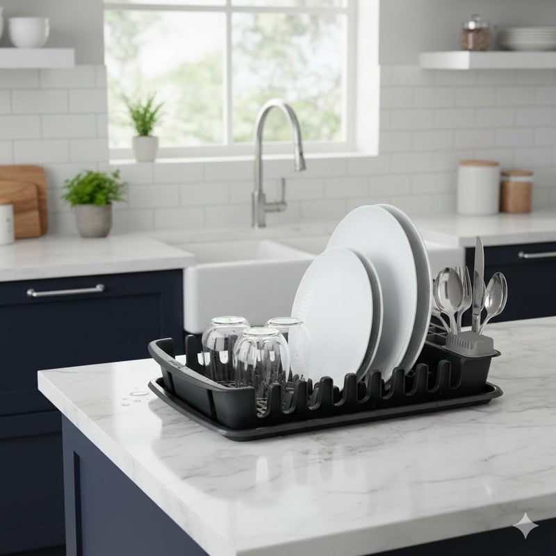 مصفاة أطباق بلاستيكية مع صينية، تتسع لـ 12 طبقًا، خالية من BPA، أسود، 49 × 38 × 11 سم (لون عشوائي)، 5 ألوان - Image 2