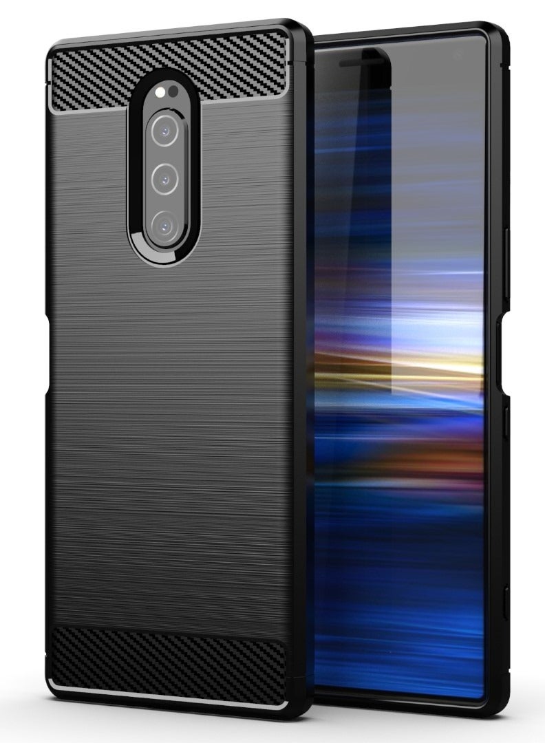 Sony Xperia 1 / Sony XZ4 - Rugged Shield Protective Cover, Brushed Carbon Fiber Texture, Shockproof TPU, Anti-Slip, Elegant Thin, and Shock-Absorbing - Black  - Image 1
