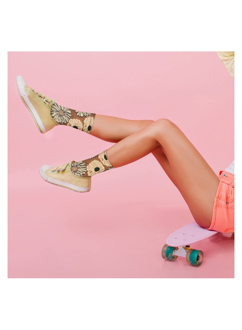 SYOSI Womens Novelty Funny Crew Socks Girls Colorful Floral Patterned Funky Casual Cotton Retro Sunflower 3D Jacquard Mid Length Personalized Women 5 Pairs - Image 5