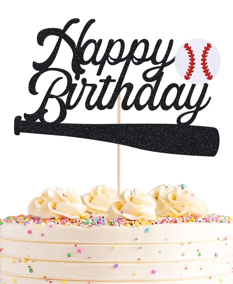 AHAORAY Baseball Happy Birthday Cake Topper - Black Glitter Baseball Party Decorations Supplies  Perfect for Birthday/Baseball Theme Party  Photo Booth Props - Image 1