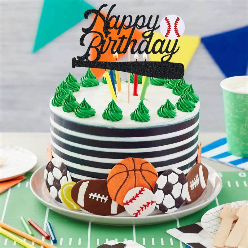 AHAORAY Baseball Happy Birthday Cake Topper - Black Glitter Baseball Party Decorations Supplies  Perfect for Birthday/Baseball Theme Party  Photo Booth Props - Image 2