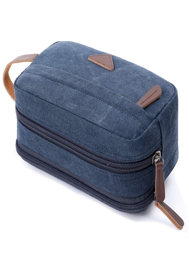 Mactso Mens Travel Toiletry Bag Canvas Leather Cosmetic Makeup Organizer Shaving Dopp Kits with Double Compartments (Blue 1) - Image 2