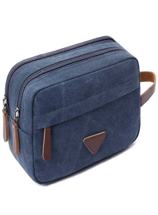 Mactso Mens Travel Toiletry Bag Canvas Leather Cosmetic Makeup Organizer Shaving Dopp Kits with Double Compartments (Blue 1) - Image 1