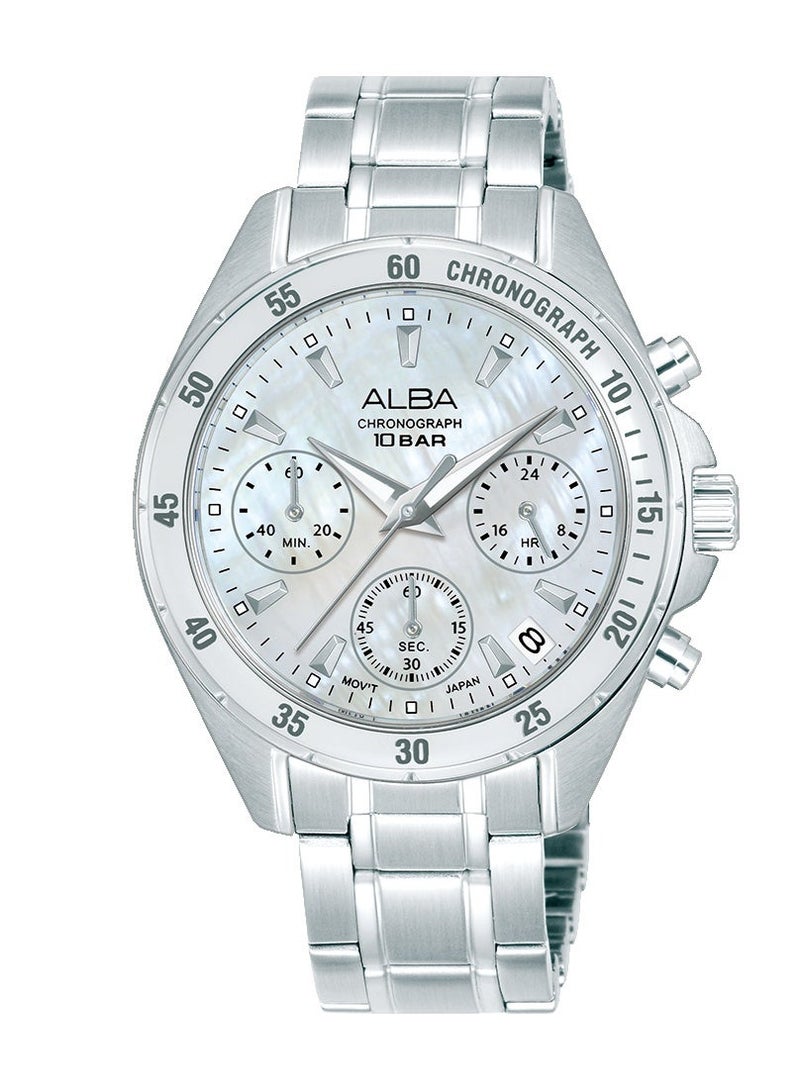 Alba Active Chronograph Women’s Watch AT3K97X1, 36 mm White Mother-of-Pearl Dial, Stainless Steel Case & Bracelet, 100 m WR - Image 1