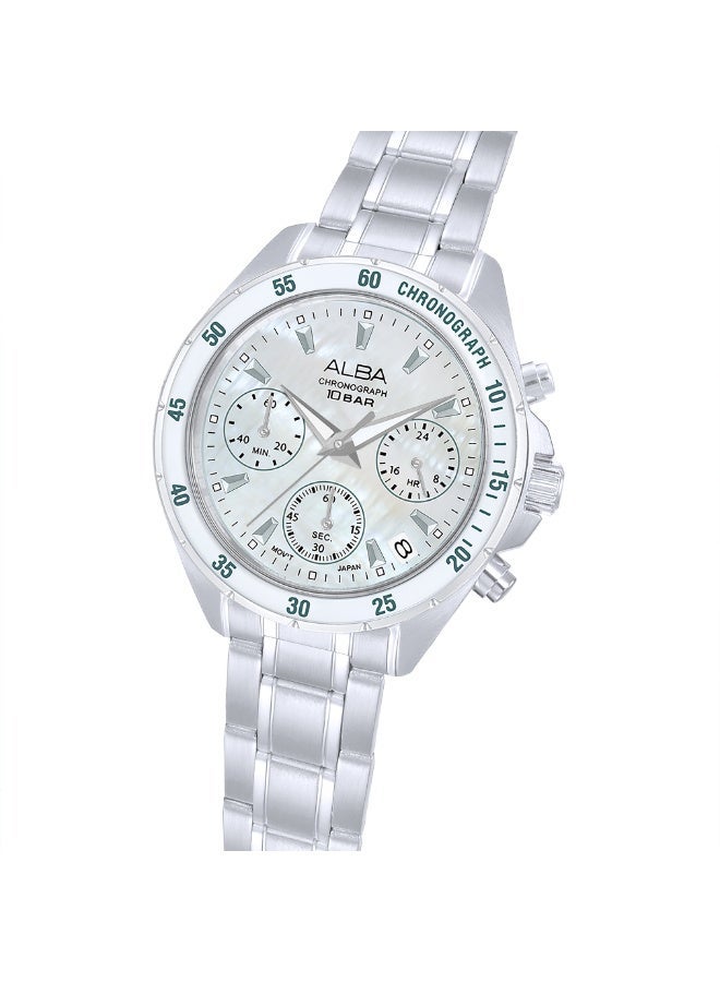 Alba Active Chronograph Women’s Watch AT3K97X1, 36 mm White Mother-of-Pearl Dial, Stainless Steel Case & Bracelet, 100 m WR - Image 3
