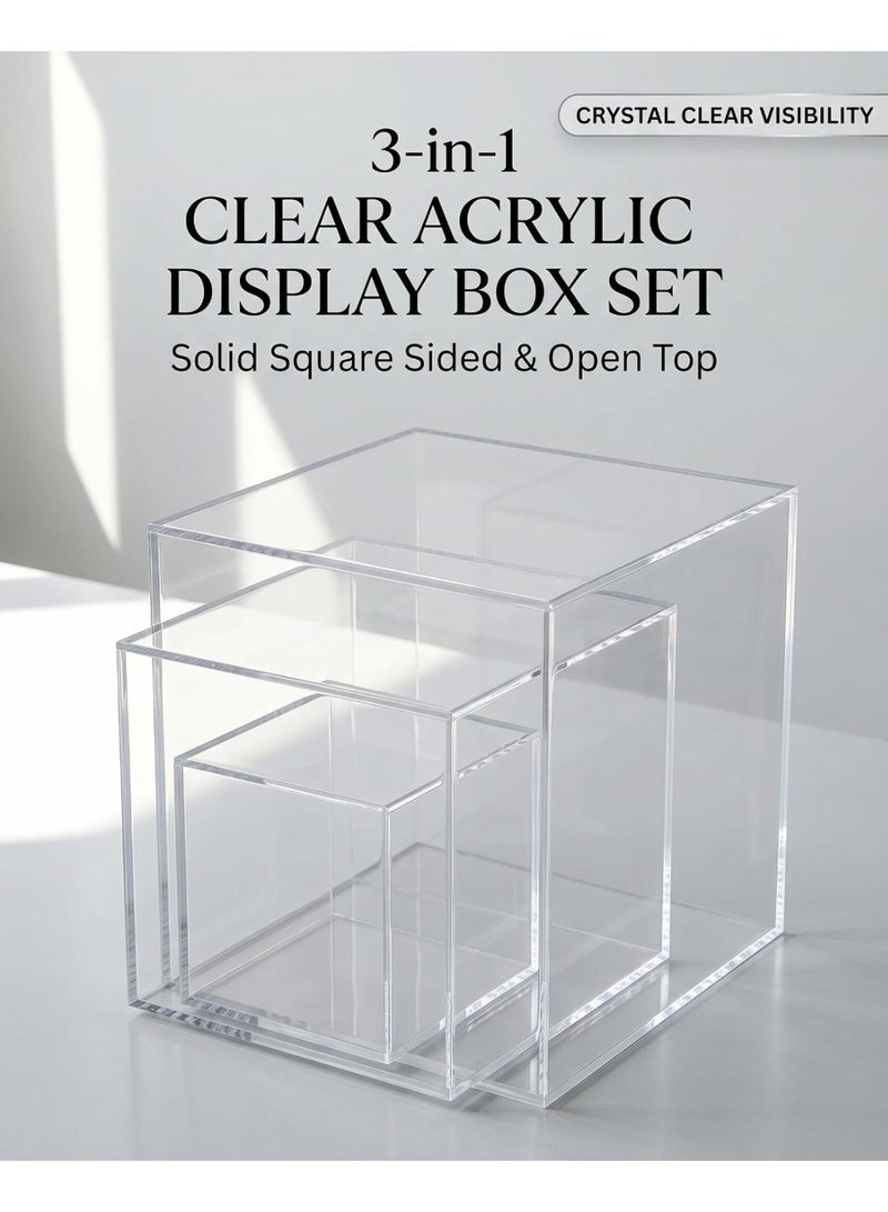 CREATIVE PLANET Clear Acrylic Display Box Set of 3 – Square Solid Sided Display Case – Open Top Design – Multi-Use Reversible Storage Box (Can Be Closed When Flipped Face Down) - Image 2