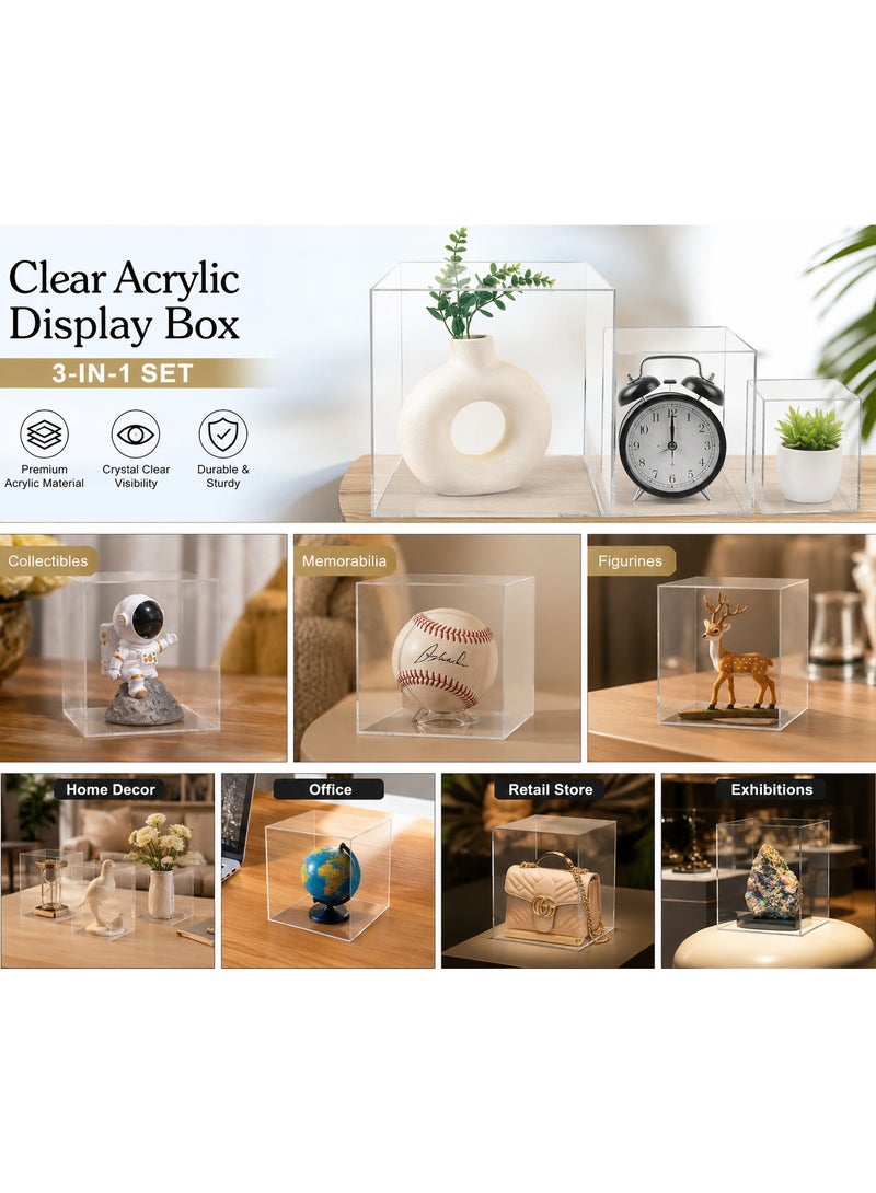 CREATIVE PLANET Clear Acrylic Display Box Set of 3 – Square Solid Sided Display Case – Open Top Design – Multi-Use Reversible Storage Box (Can Be Closed When Flipped Face Down) - Image 3