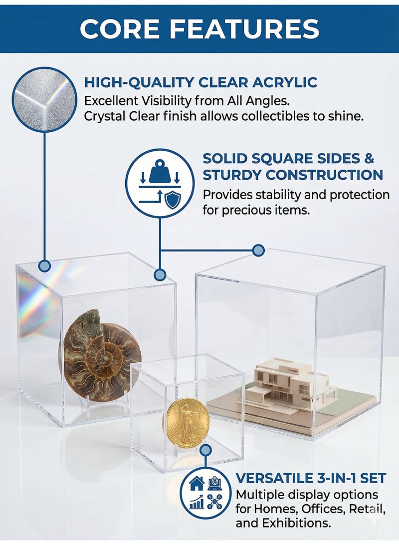 CREATIVE PLANET Clear Acrylic Display Box Set of 3 – Square Solid Sided Display Case – Open Top Design – Multi-Use Reversible Storage Box (Can Be Closed When Flipped Face Down) - Image 4