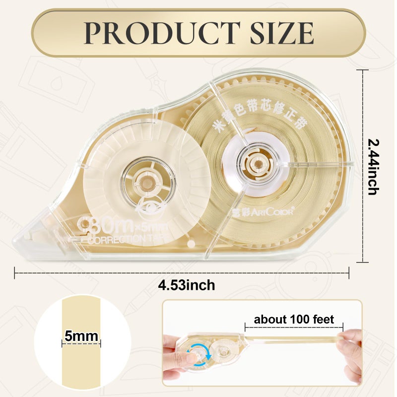 WISOPTUS 100 Feet Long Beige Correction Tape, Smooth Glide, No Residue, Quick Dry, Perfect for School, Office Supplies, Crafting, Note Taking, Journaling (2 Pack) - Image 3
