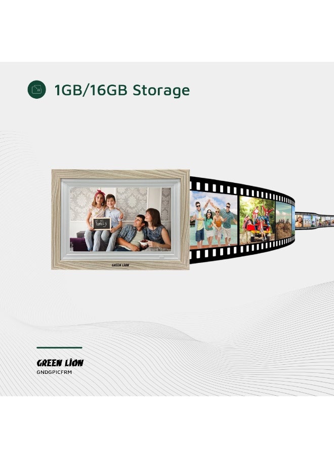 جرين ليون - إطار صورة رقمي بشاشة تعمل باللمس 10.1 بوصة / تشغيل الصور والفيديو / JPG/PNG/HEIC/MP4/3GP/MOV / مشاركة لاسلكية فورية / مع مكبر صوت وصوت عالي الجودة / نقل الصور عبر USB - خشبي - Image 1