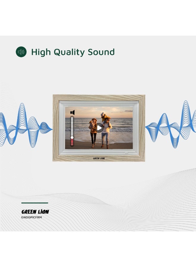 جرين ليون إطار صورة رقمي بشاشة تعمل باللمس 10.1 بوصة / تشغيل الصور والفيديو / JPG/PNG/HEIC/MP4/3GP/MOV / مشاركة لاسلكية فورية / مع مكبر صوت وصوت عالي الجودة / نقل الصور عبر USB - خشبي - Image 4