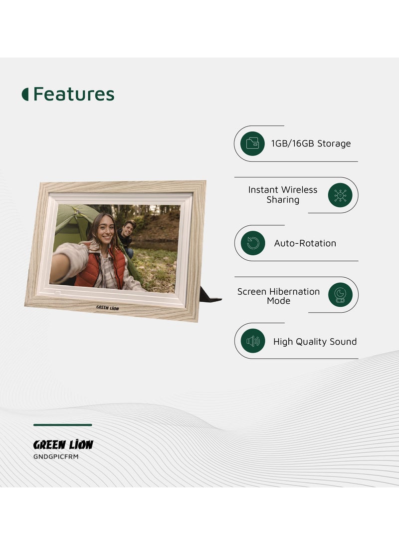 جرين ليون إطار صورة رقمي بشاشة تعمل باللمس 10.1 بوصة / تشغيل الصور والفيديو / JPG/PNG/HEIC/MP4/3GP/MOV / مشاركة لاسلكية فورية / مع مكبر صوت وصوت عالي الجودة / نقل الصور عبر USB - خشبي - Image 2