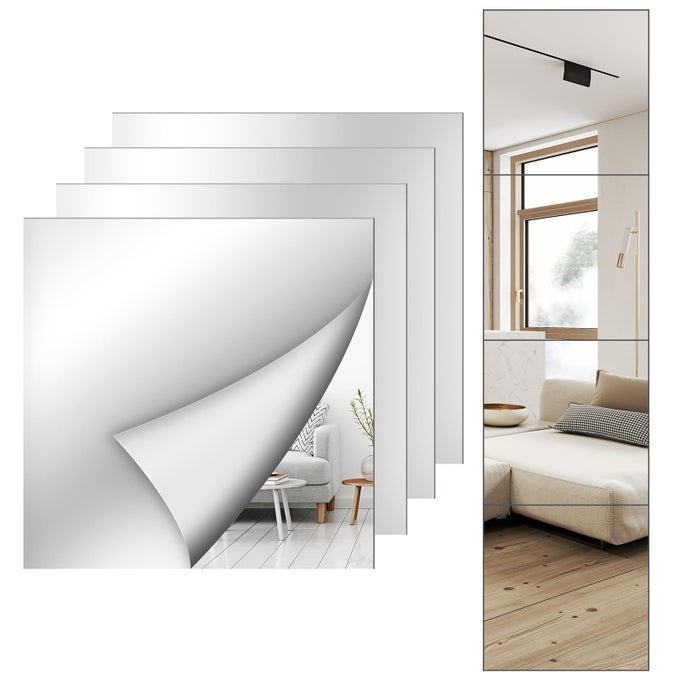 4 PACK WALL MIRROR FULL LENGTH 12 X 12 INCH ACRYLIC MIRROR TILES SHATTERPROOF FLEXIBLE PLASTIC MIRROR SHEETS FOR BEDROOM HOME GYM DOOR