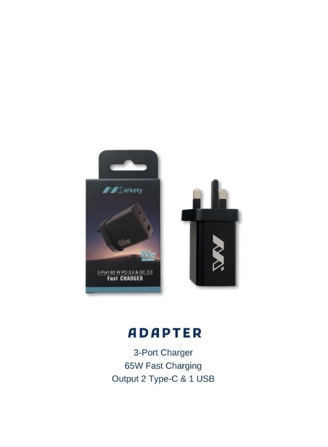 شاحن سريع من ماركتي بقوة 65 واط - شاحن جداري بثلاثة منافذ: منفذان USB-C ومنفذ USB-A، يدعم الشحن السريع لأجهزة آيفون وسامسونج وماك بوك وغيرها. - Image 3