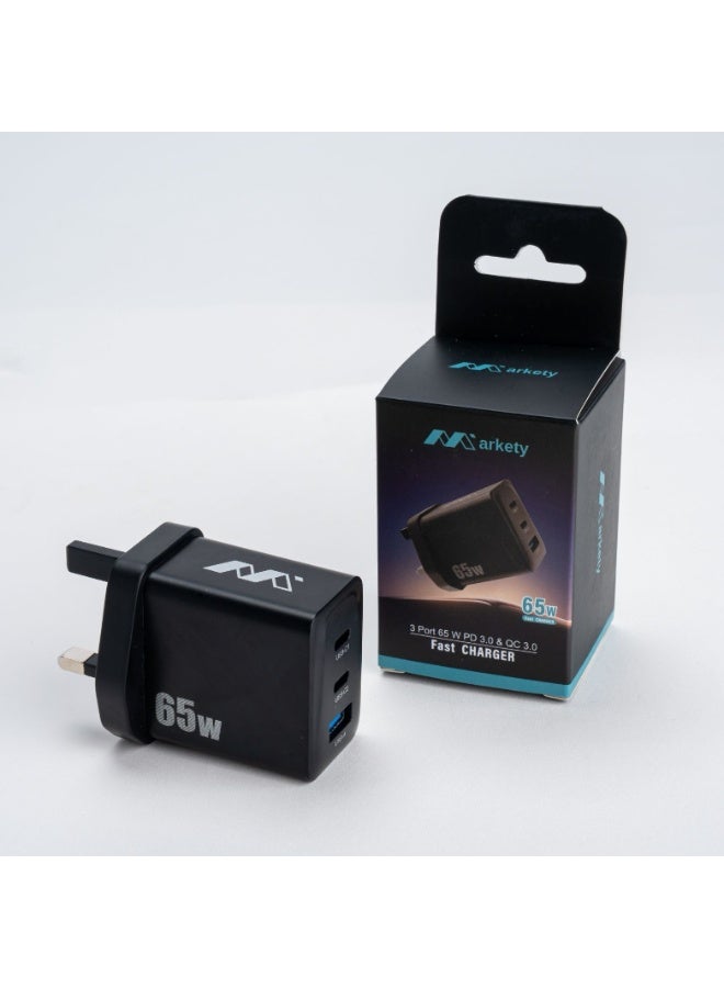 شاحن سريع من ماركتي بقوة 65 واط - شاحن جداري بثلاثة منافذ: منفذان USB-C ومنفذ USB-A، يدعم الشحن السريع لأجهزة آيفون وسامسونج وماك بوك وغيرها. - Image 1
