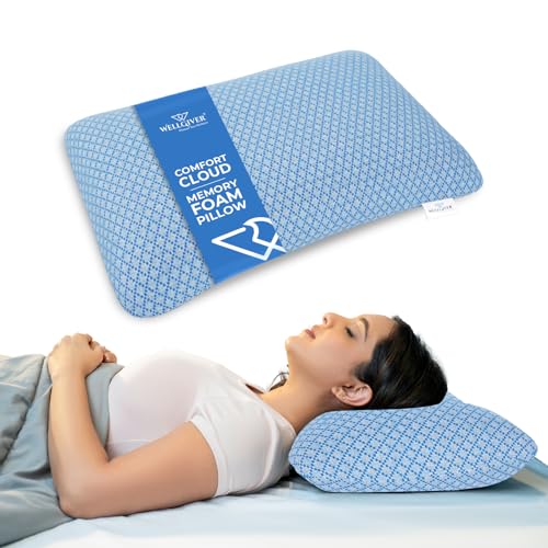 WELLGIVER Ergonomic Memory Foam Pillow for Neck Pain | 2 Years Warranty | 21 x 14 x 4.5 Inch | Orthopedic Pillow for Side Sleeping | Removable Washable Jacquard Blue Cover | Pack of 1 - Image 1
