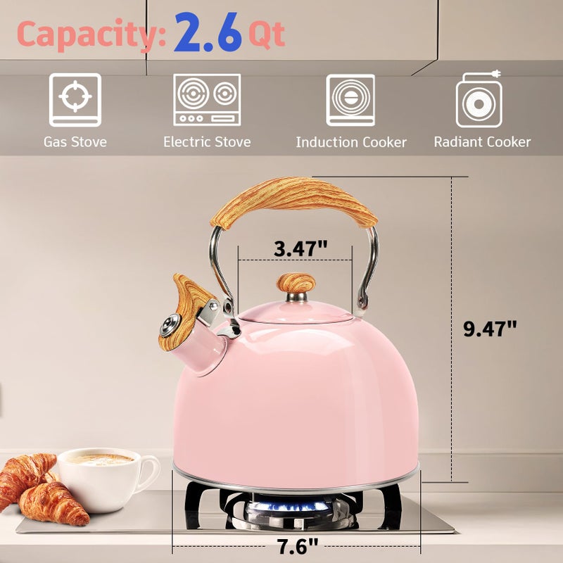 Foedo Tea Kettle,Whistling Tea Kettle Stovetop 2.6 Quart, Tea Pots for Stove Top Food Grade Stainless Steel,Wood Pattern Handle(Pink),With Anti Scald Towel - Image 3