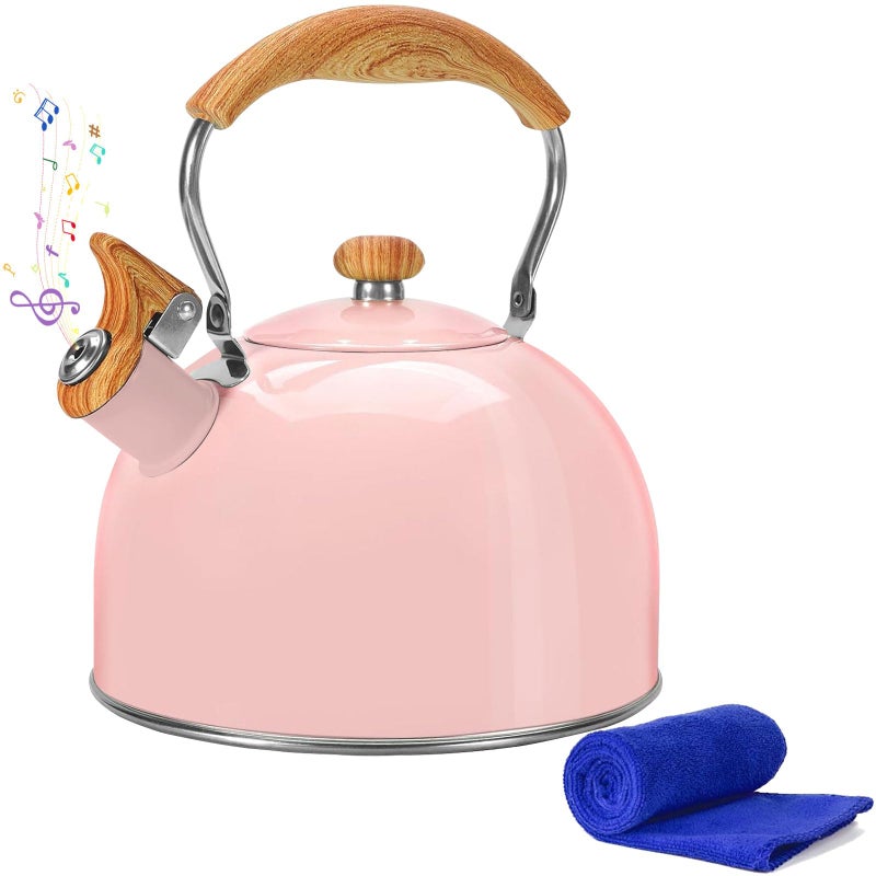 Foedo Tea Kettle,Whistling Tea Kettle Stovetop 2.6 Quart, Tea Pots for Stove Top Food Grade Stainless Steel,Wood Pattern Handle(Pink),With Anti Scald Towel - Image 1