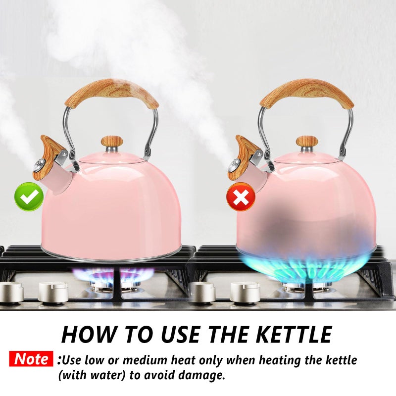 Foedo Tea Kettle,Whistling Tea Kettle Stovetop 2.6 Quart, Tea Pots for Stove Top Food Grade Stainless Steel,Wood Pattern Handle(Pink),With Anti Scald Towel - Image 4