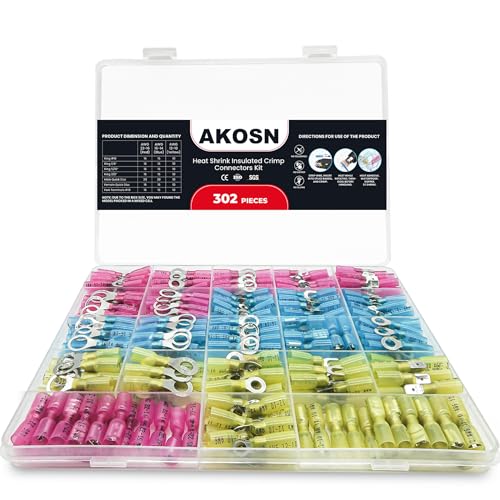 AKOSN 302 Pcs Heat Shrink Wiring Connectors Kits, Eletrical Wire Terminals, Crimp Insulated Connector Assortment- Ring Fork Spade Splices, Waterproof, for Marine, Automotive, 21Size, 16-14 22-18 12-10 Gauge - Image 1