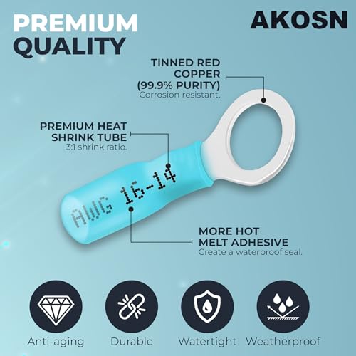 AKOSN 302 Pcs Heat Shrink Wiring Connectors Kits, Eletrical Wire Terminals, Crimp Insulated Connector Assortment- Ring Fork Spade Splices, Waterproof, for Marine, Automotive, 21Size, 16-14 22-18 12-10 Gauge - Image 4
