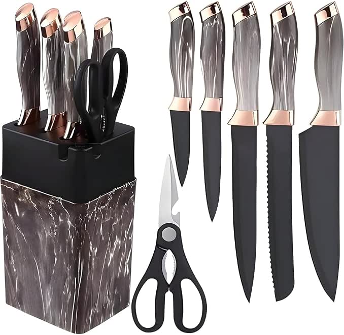 Premium Kitchen Knife Set 7 Pieces with Marble Handles & Acrylic Stand - Brown & White - BK-1-2
