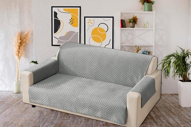 KINGLY Velvet Quilted Universal Elastic Sofa Cover Non-Slip Sofa Protector 4 Seater Armchair Cover with Machine Washable Adjustable Elastic Straps (4 Seater) (Silver Gray) - Image 2