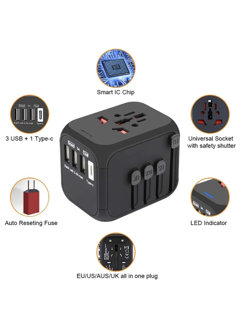 ELTRAZONE Travel Adapter, Worldwide All in One Universal Travel Adapter Wall AC Power Plug Adapter Wall Charger with Smart High Speed 3 USB Ports & 1 Type C Ports, USA EU UK AU Asia 160 Countries - Image 3