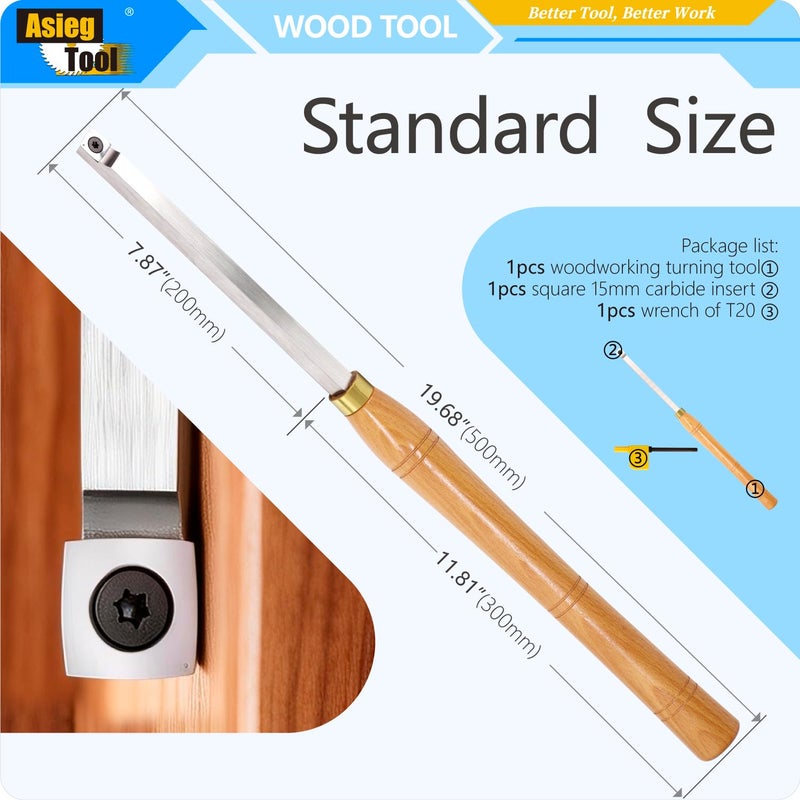 Asieg Tool 19.68 Inches Carbide Tipped Lathe Wood Turning Tools Rougher Chisel Tool Bar with 15mm Square Radius Carbide Insert for Wood Hobbyist or DIY or Carpenter - Image 2