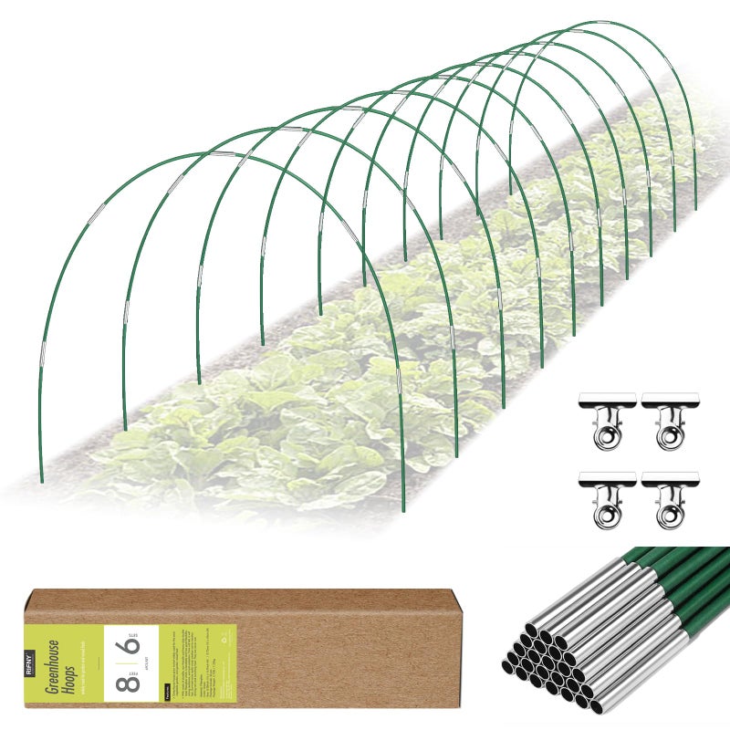 Rifny 60 PCS Garden Hoops for Raised Beds, Rifny 10 Sets Greenhouse Hoops Kit of 8 FT Long Grow Tunnel, Rust-Free Fiberglass Garden Support Poles for Insect Mesh Netting Freeze Plant Cover (Green) - Image 1