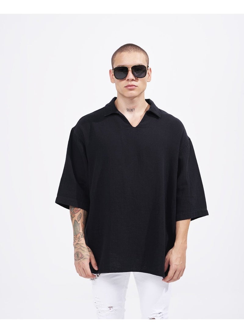 مارتن فالين قميص رجالي أسود بقصة Oversized من قماش الكتان مع ياقة V – تصميم مريح لإطلالة يومية عصرية - Image 1