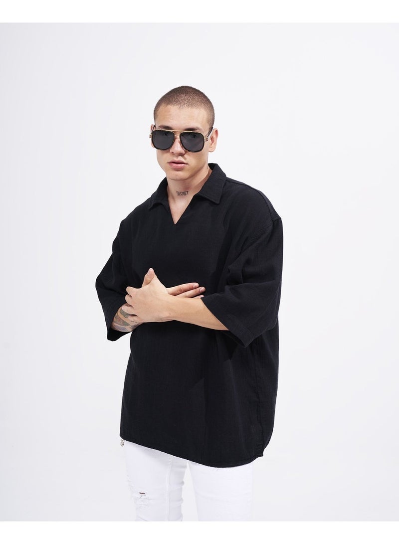 مارتن فالين قميص رجالي أسود بقصة Oversized من قماش الكتان مع ياقة V – تصميم مريح لإطلالة يومية عصرية - Image 2