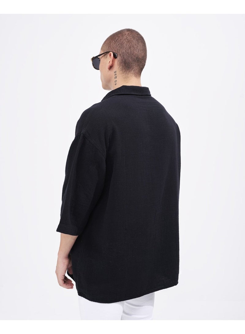 مارتن فالين قميص رجالي أسود بقصة Oversized من قماش الكتان مع ياقة V – تصميم مريح لإطلالة يومية عصرية - Image 4