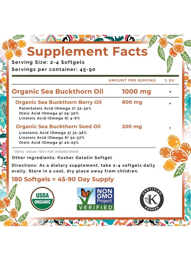 SEABUCKWONDERS زيت البحر النبق العضوي من سيباك ووندرز، كبسولات أوميغا-7 الكاملة، 180 حبة، مع أوميغا 3 و 6 و 9، يدعم صحة الشعر والبشرة والأظافر، 1000 ملغ لكل حصة - Image 2