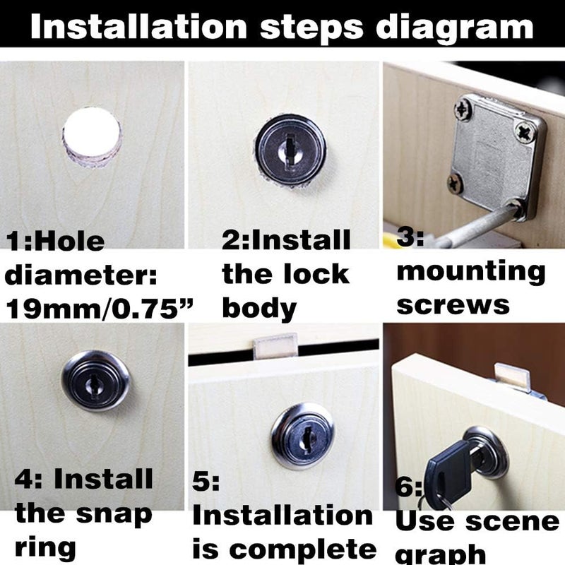Junrbx Cabinet Drawer Lock,Mailbox Lock, Model CT-138-22,for Fixing Important Documents and Drawers (Opening Diameter 0.75inch/19MM), Suitable for Door Panels with A Thickness of 17 mm-22 mm. 2 PCS [Black] - Image 3