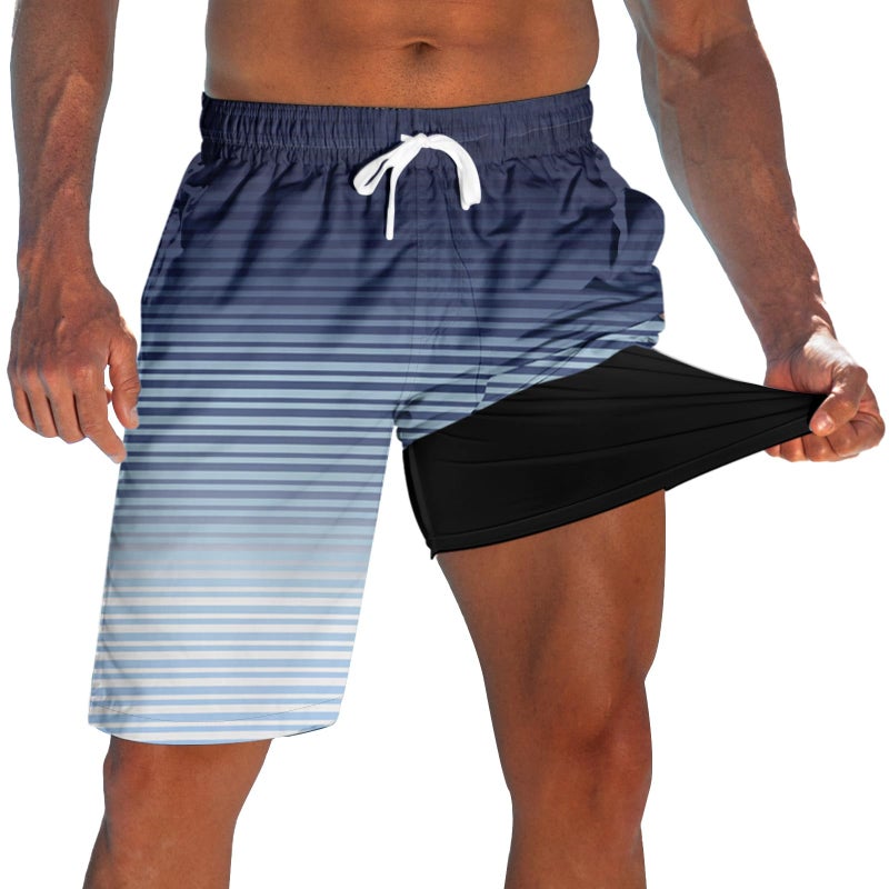 westwolf Swim Trunks Men's with Compression Liner Men's Stretch Board Shorts Lightweight Hawaii Blue Stripe Bathing Suits with Pockets 9" Beach Shorts Quick Dry Sports Summer Wear - Image 1