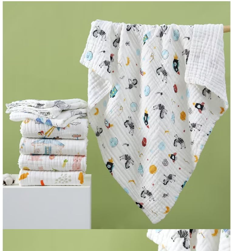 Little Boo 6 Layer Muslin Cotton Printed Bath Towel for Babies Cotton Super Soft Towels for Newborn Baby Absorbent Bathing Towel,Kids Boys and Girls Size 50 x100 cm -Print May Vary (Pack of 1) - Image 1