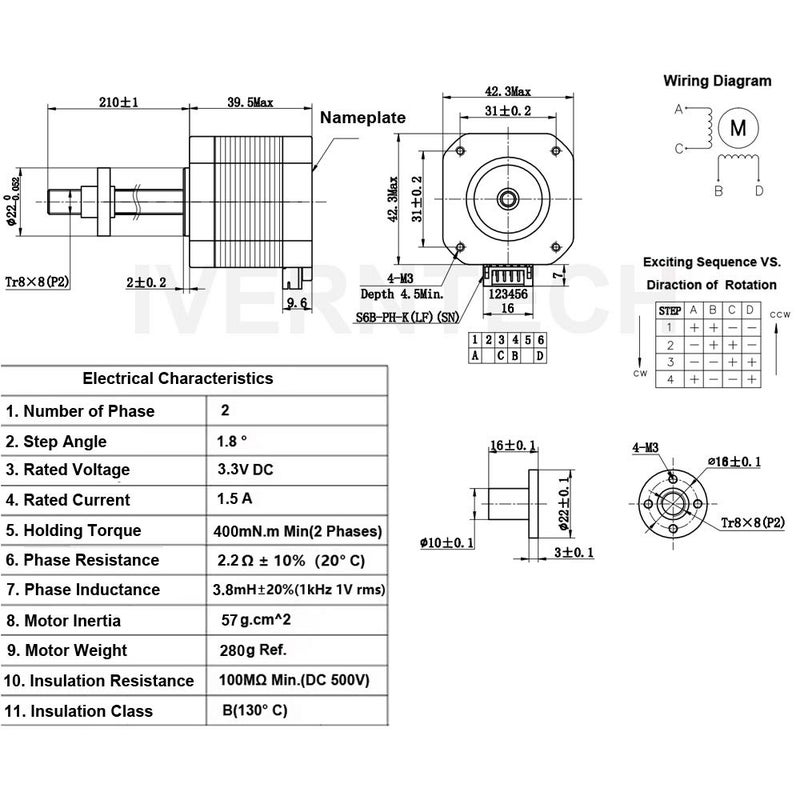 Iverntech NEMA 17 Stepper Motor with Integrated 210mm T8 Lead Screw for RepRap Prusa i3 3D Printers Z Axis or CNC Machine - Image 4