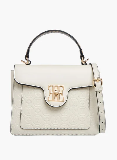 ELLE Monogram Embossed Satchel Bag with Top Handle