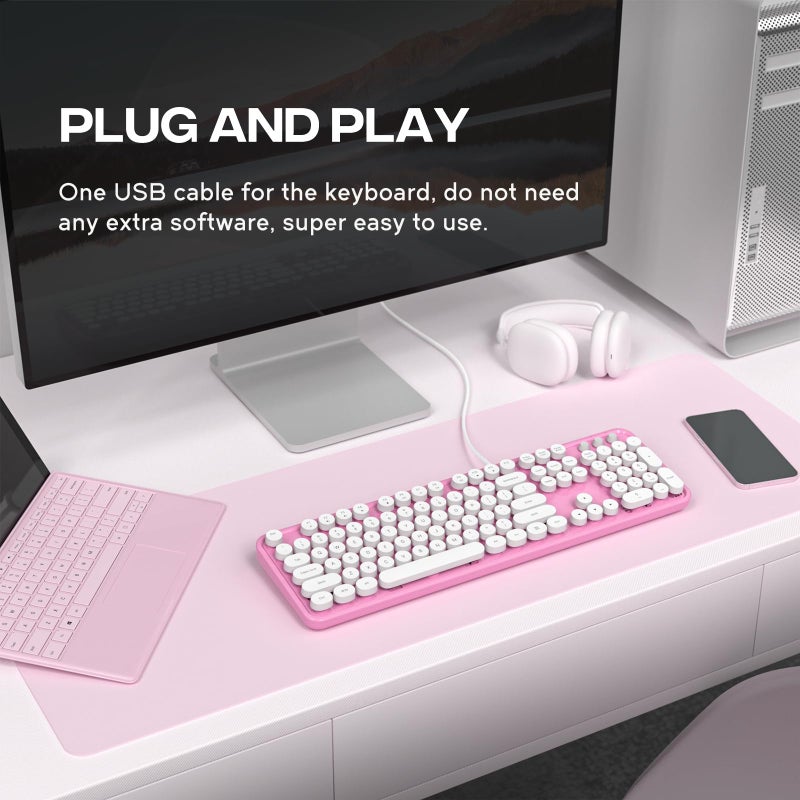MOWUX Computer Keyboard Wired, Plug and Play USB Retro Round Typewriter Keyboard, Full Size Wired Keyboard with Foldable Stands for Laptop and Office PC- Pink&White Colorful - Image 2