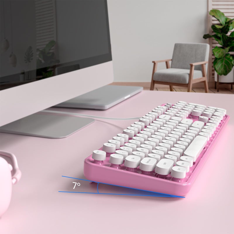 MOWUX Computer Keyboard Wired, Plug and Play USB Retro Round Typewriter Keyboard, Full Size Wired Keyboard with Foldable Stands for Laptop and Office PC- Pink&White Colorful - Image 3