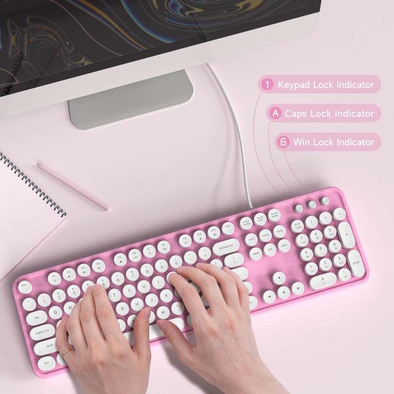 MOWUX Computer Keyboard Wired, Plug and Play USB Retro Round Typewriter Keyboard, Full Size Wired Keyboard with Foldable Stands for Laptop and Office PC- Pink&White Colorful - Image 5