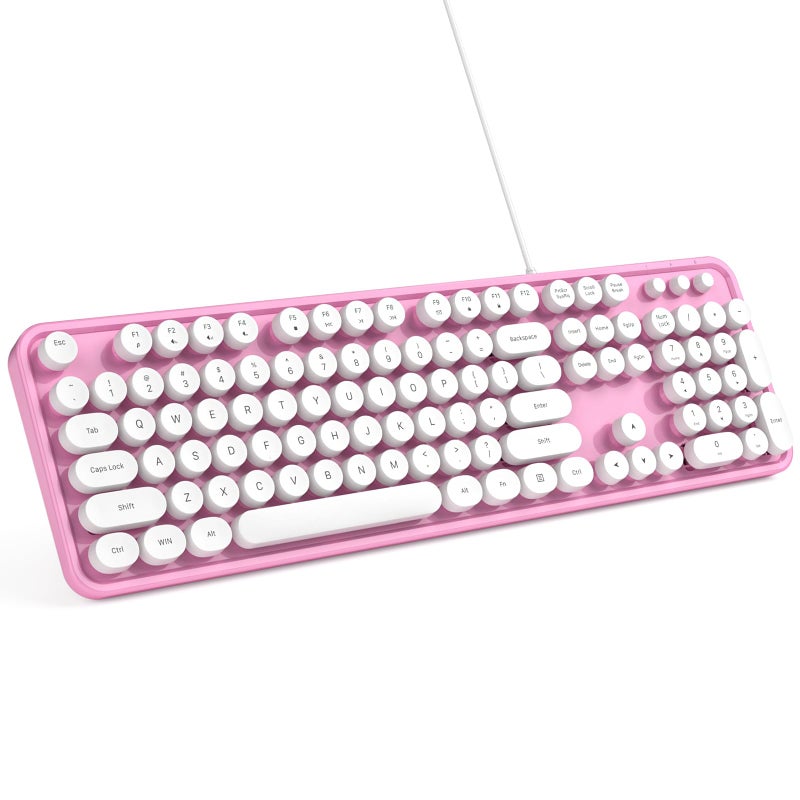 MOWUX Computer Keyboard Wired, Plug and Play USB Retro Round Typewriter Keyboard, Full Size Wired Keyboard with Foldable Stands for Laptop and Office PC- Pink&White Colorful - Image 1